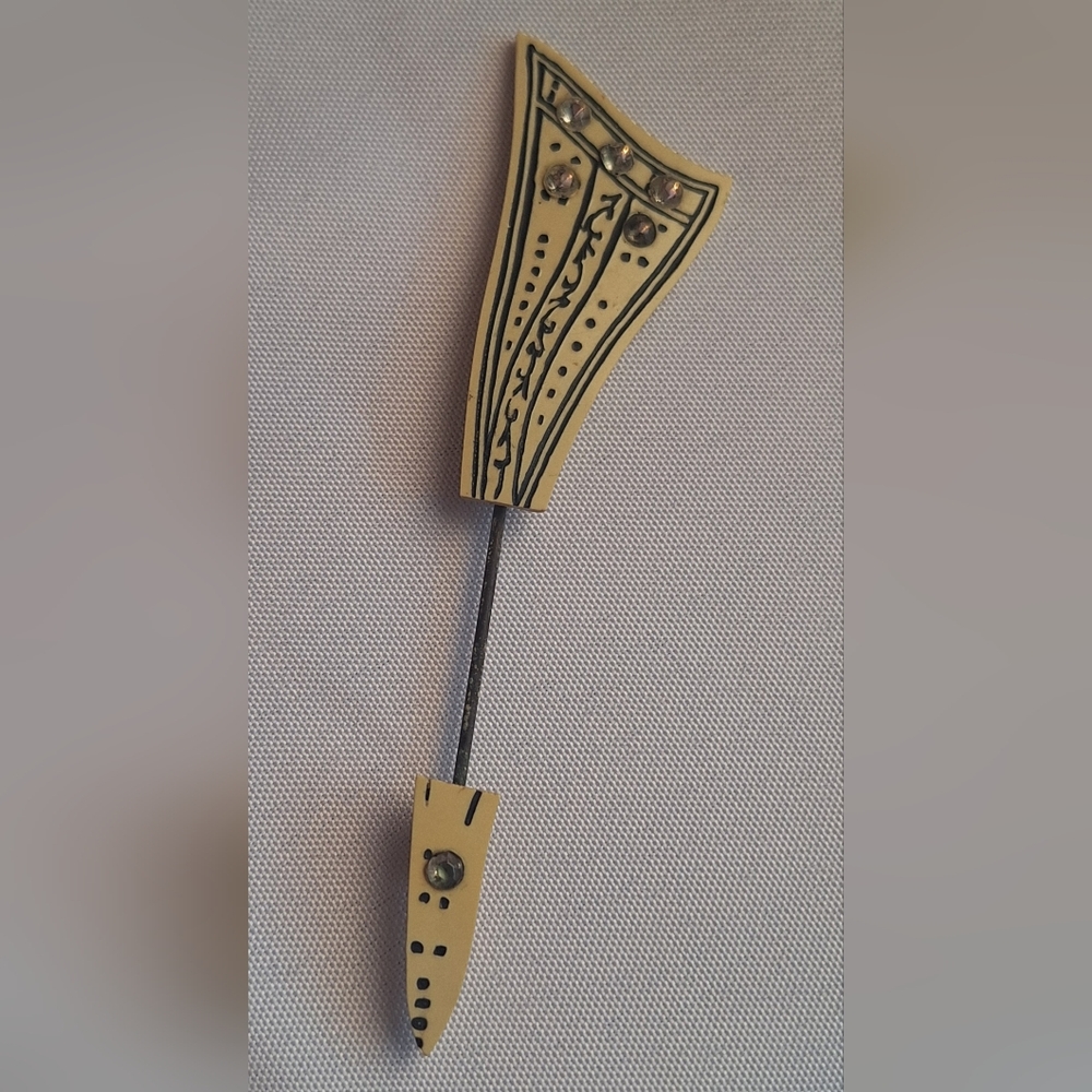 30s Art Deco Celluloid Hat Jabot Pin Rhinestones Hand Etched Vintage 4" Brooch